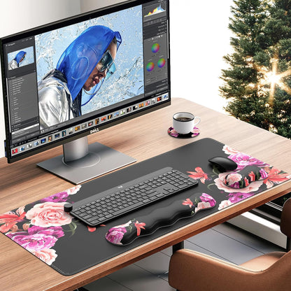 Mouse Pad Set, Desk Mat + Mouse Pad with Wrist Rest + Keyboard Wrist Rest + Coaster, Mouse and Keyboard Pad Set with Stitched Edge & Non-Slip Base, Desk Pad Mat for Work Gaming, Peony Flower