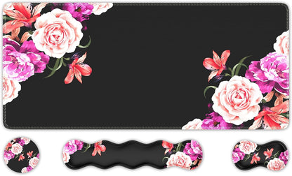 Mouse Pad Set, Desk Mat + Mouse Pad with Wrist Rest + Keyboard Wrist Rest + Coaster, Mouse and Keyboard Pad Set with Stitched Edge & Non-Slip Base, Desk Pad Mat for Work Gaming, Peony Flower