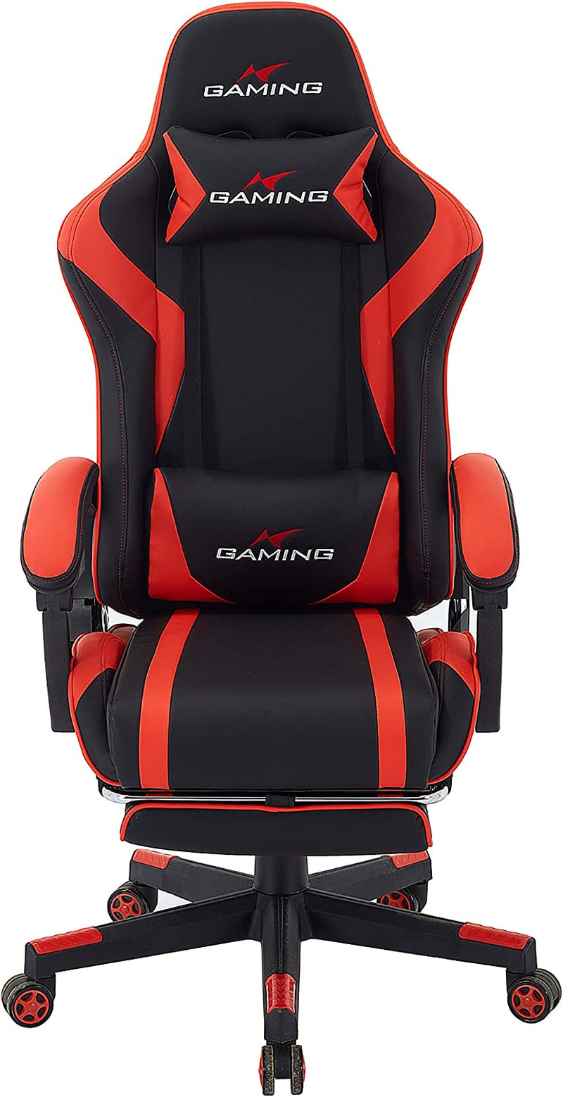 Swivel Gaming Chair Ergonomic High-Back Racing Style PU Leather Office Chair with Headrest and Lumbar Support and Adjustable Armrest and Retractable Footrest (Commodore - Black/Red)