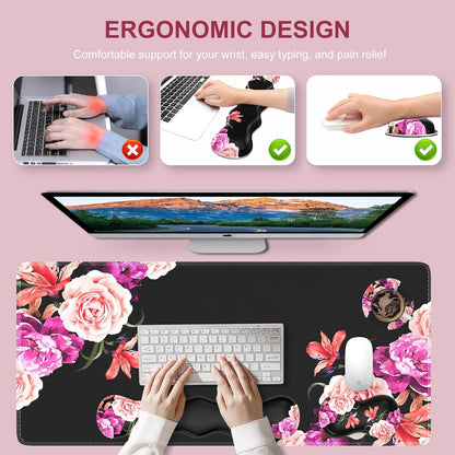 Mouse Pad Set, Desk Mat + Mouse Pad with Wrist Rest + Keyboard Wrist Rest + Coaster, Mouse and Keyboard Pad Set with Stitched Edge & Non-Slip Base, Desk Pad Mat for Work Gaming, Peony Flower