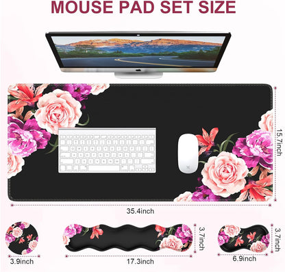 Mouse Pad Set, Desk Mat + Mouse Pad with Wrist Rest + Keyboard Wrist Rest + Coaster, Mouse and Keyboard Pad Set with Stitched Edge & Non-Slip Base, Desk Pad Mat for Work Gaming, Peony Flower