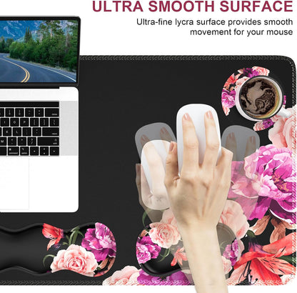 Mouse Pad Set, Desk Mat + Mouse Pad with Wrist Rest + Keyboard Wrist Rest + Coaster, Mouse and Keyboard Pad Set with Stitched Edge & Non-Slip Base, Desk Pad Mat for Work Gaming, Peony Flower