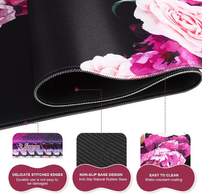 Mouse Pad Set, Desk Mat + Mouse Pad with Wrist Rest + Keyboard Wrist Rest + Coaster, Mouse and Keyboard Pad Set with Stitched Edge & Non-Slip Base, Desk Pad Mat for Work Gaming, Peony Flower