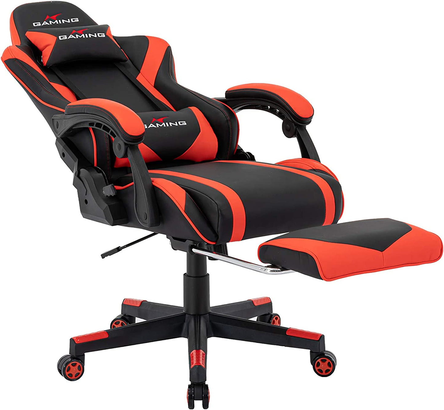 Swivel Gaming Chair Ergonomic High-Back Racing Style PU Leather Office Chair with Headrest and Lumbar Support and Adjustable Armrest and Retractable Footrest (Commodore - Black/Red)