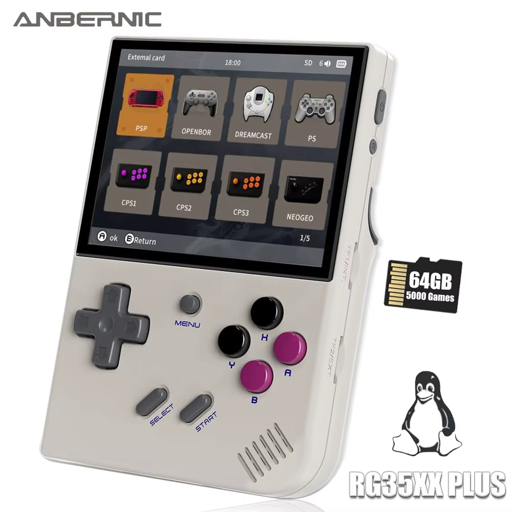 RG35XX plus Handheld Game Console 3.5" IPS Screen with 3300Mah Linux System Retro Games Console Built-In 64G 5000 Games