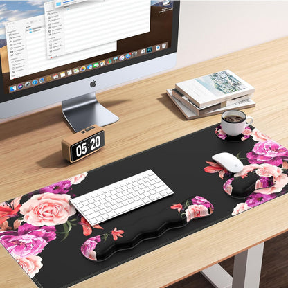 Mouse Pad Set, Desk Mat + Mouse Pad with Wrist Rest + Keyboard Wrist Rest + Coaster, Mouse and Keyboard Pad Set with Stitched Edge & Non-Slip Base, Desk Pad Mat for Work Gaming, Peony Flower